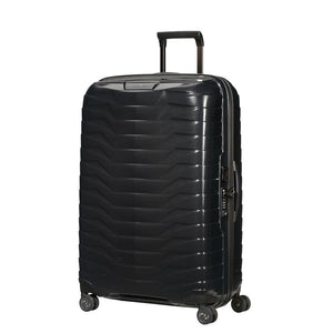 Black 75cm Samsonite Proxis Spinner Suitcase with durable exterior and smooth-rolling wheels for easy travel.