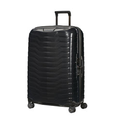 Black 75cm Samsonite Proxis Spinner Suitcase with durable exterior and smooth-rolling wheels for easy travel.