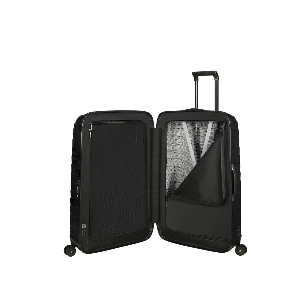 Black 75cm Samsonite Proxis spinner suitcase with smooth wheels and sturdy handle, ideal for check-in luggage.