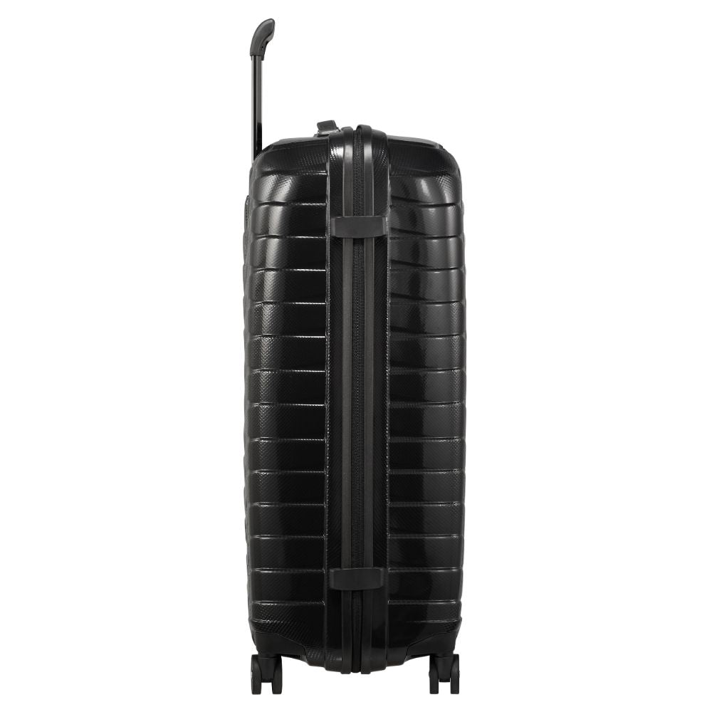 Samsonite Proxis 75cm black spinner suitcase with four wheels and a sleek design for easy travel.
