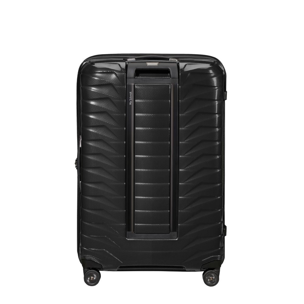 Black 75cm Samsonite Proxis spinner suitcase with smooth wheels and durable exterior, ideal for check-in luggage.