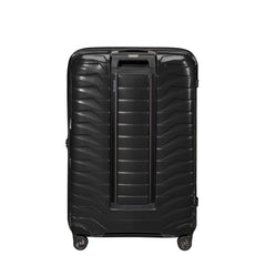 Black 75cm Samsonite Proxis spinner suitcase with smooth wheels and durable exterior, ideal for check-in luggage.