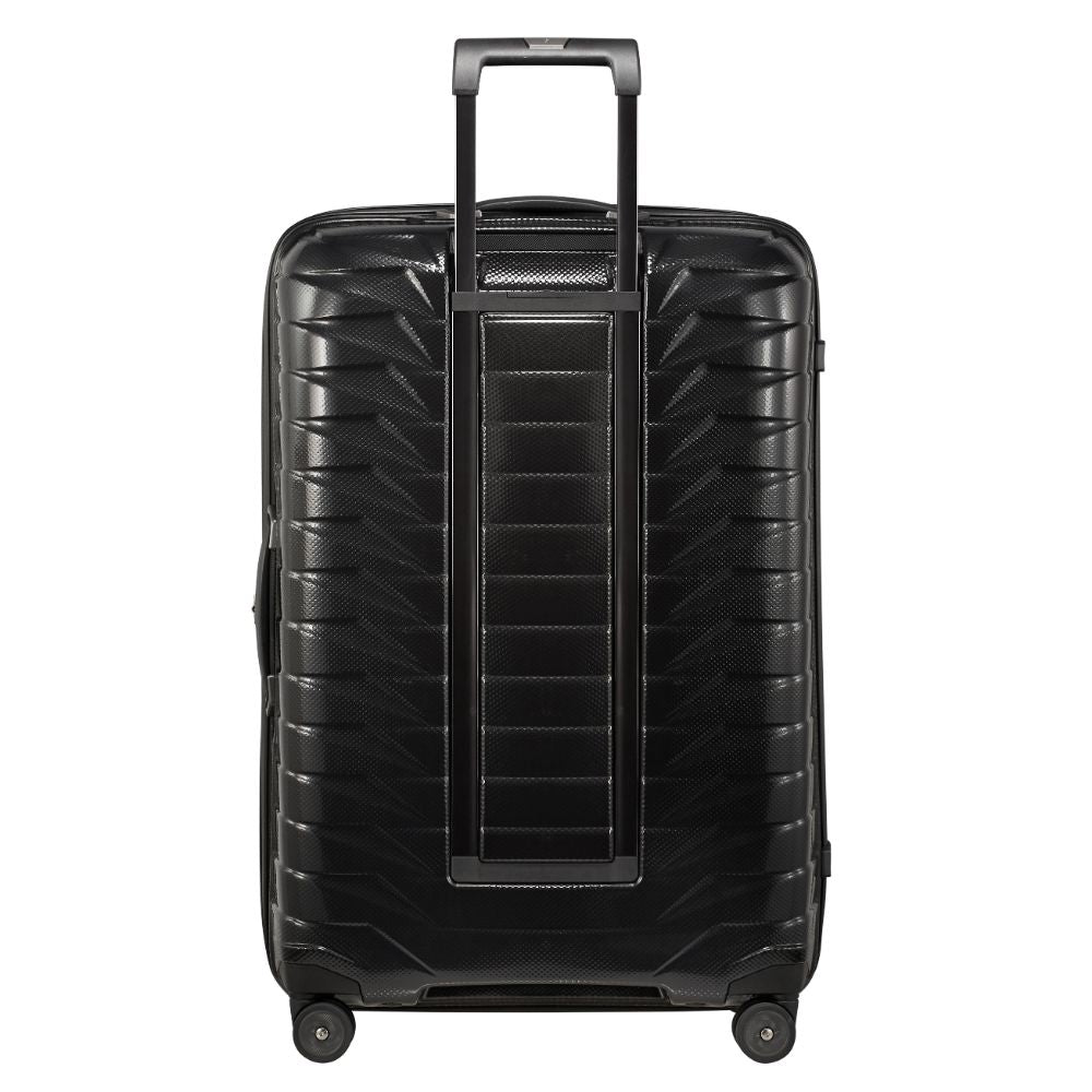 Black 75cm Samsonite Proxis Spinner Suitcase with four wheels and a sleek design, perfect for check-in luggage.