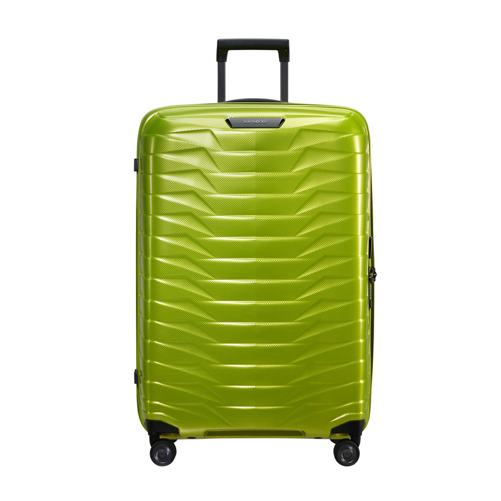 Lime green Samsonite Proxis 75cm spinner suitcase with four wheels and a sleek design, perfect for check-in luggage.