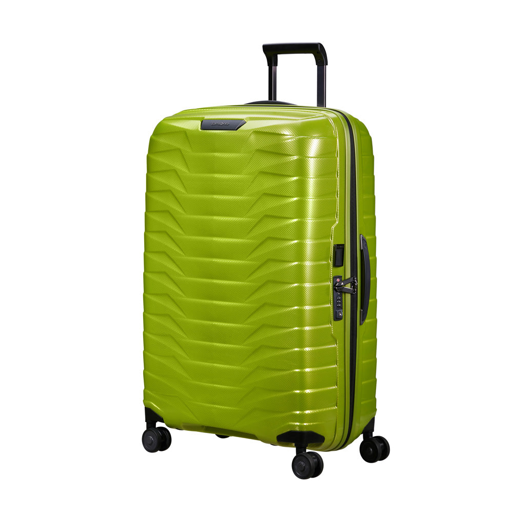 Lime green 75cm Proxis spinner suitcase by Samsonite, featuring four wheels and a durable design for check-in luggage.