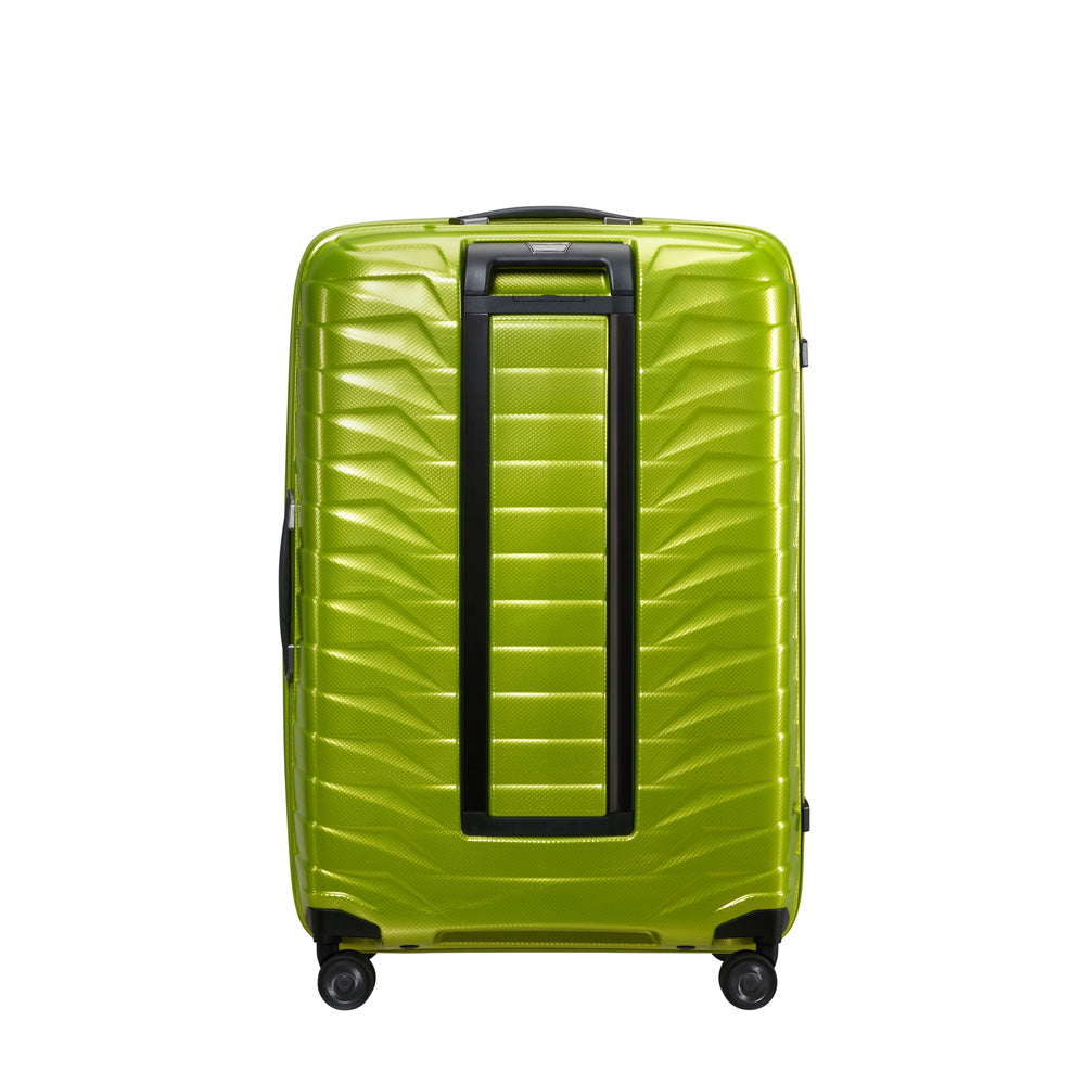 Lime green 75cm Samsonite Proxis spinner suitcase with four wheels and a sleek design, ideal for check-in luggage.