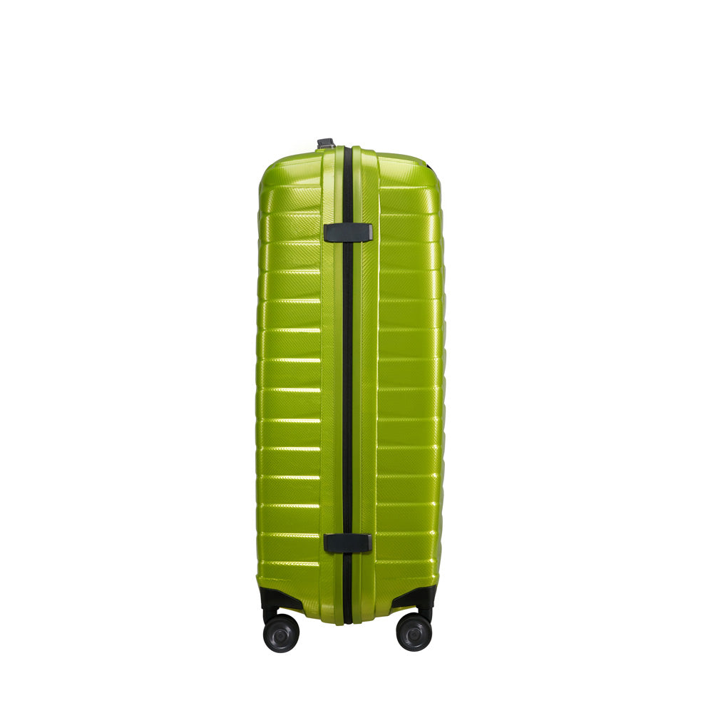 Samsonite Proxis 75cm spinner suitcase in lime green, featuring a durable exterior and smooth-rolling wheels.