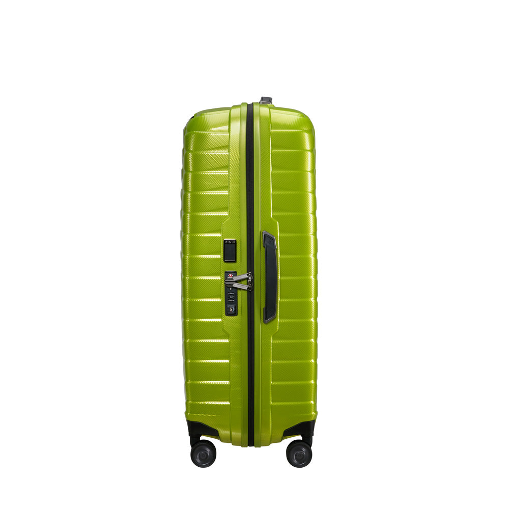 Lime green 75cm Samsonite Proxis spinner suitcase with four wheels, ideal for check-in luggage.