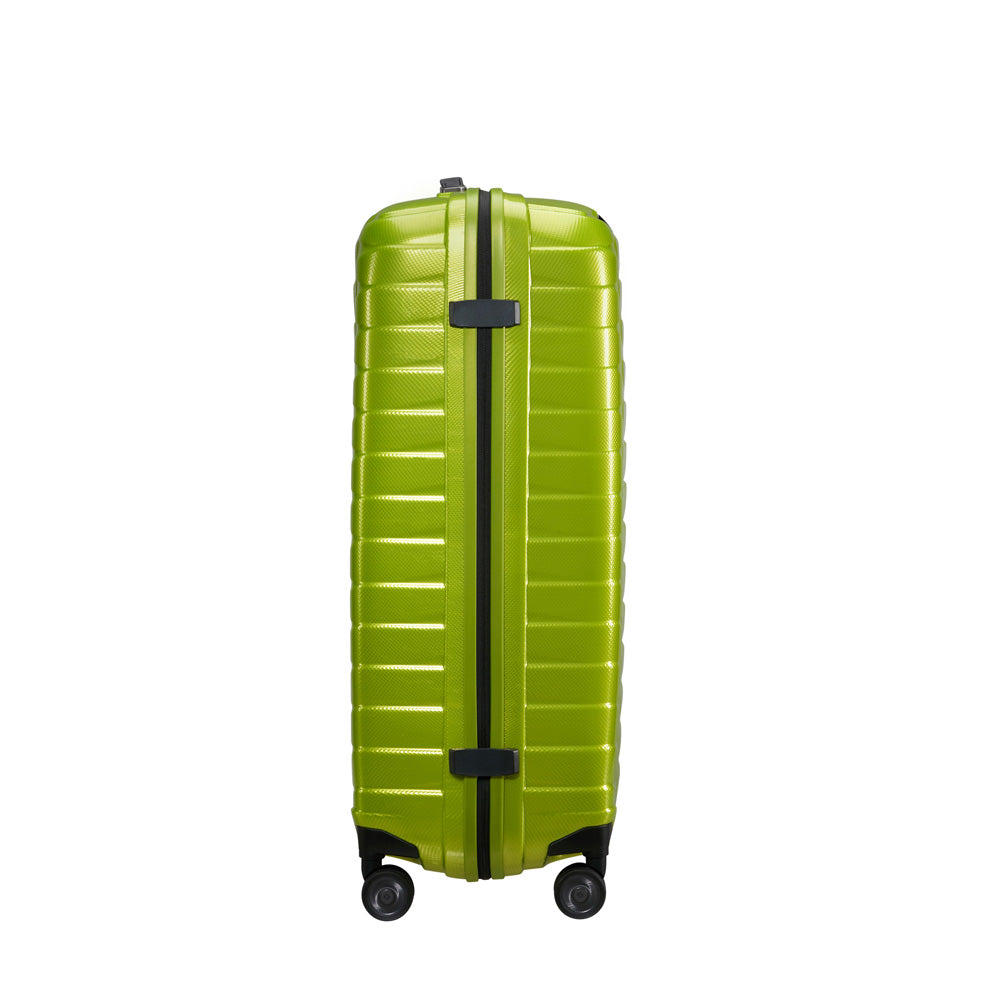 Lime green 75cm Samsonite Proxis spinner suitcase with smooth wheels and sturdy handle for easy travel.
