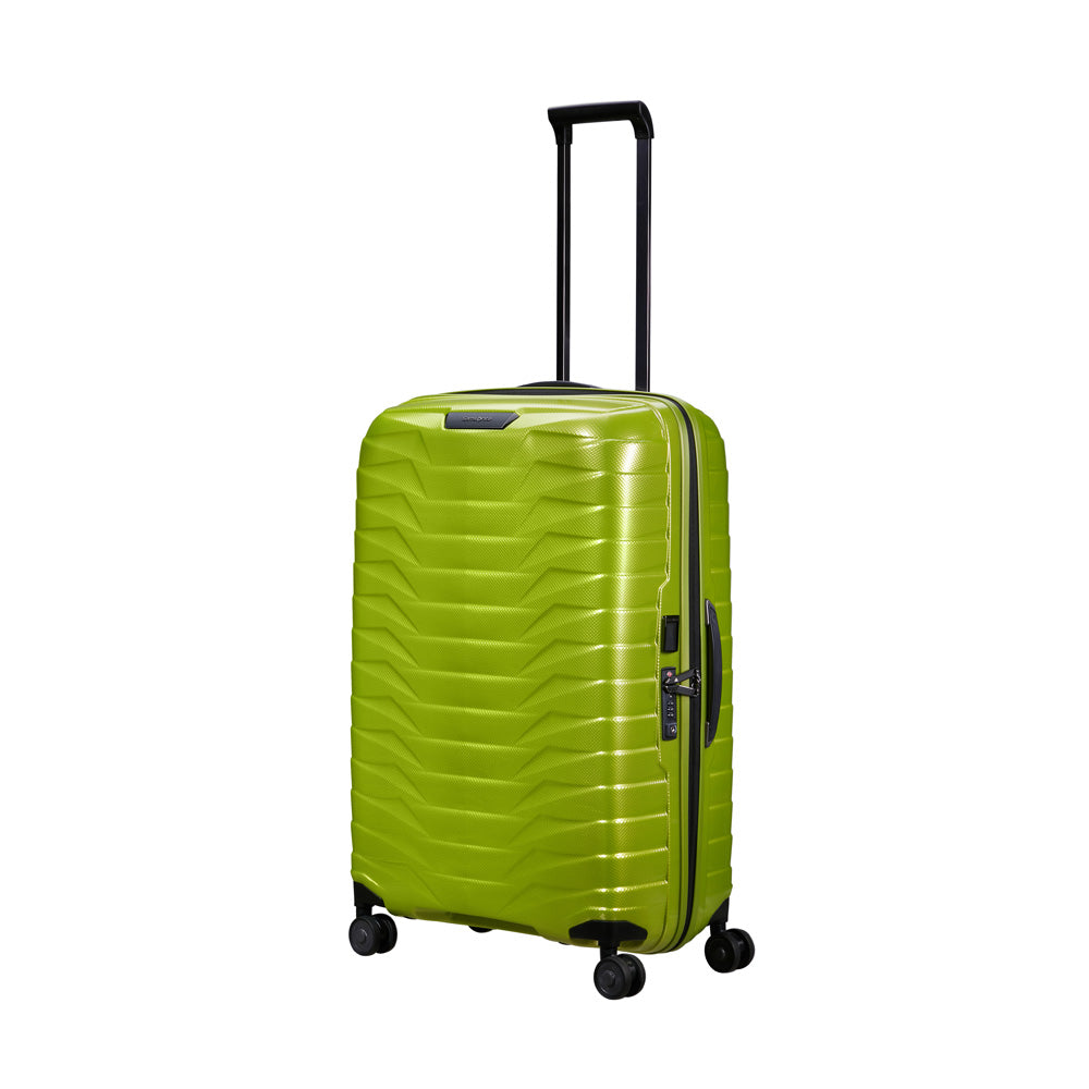 Lime green 75cm Proxis spinner suitcase by Samsonite, featuring four wheels and a sleek design for easy travel.