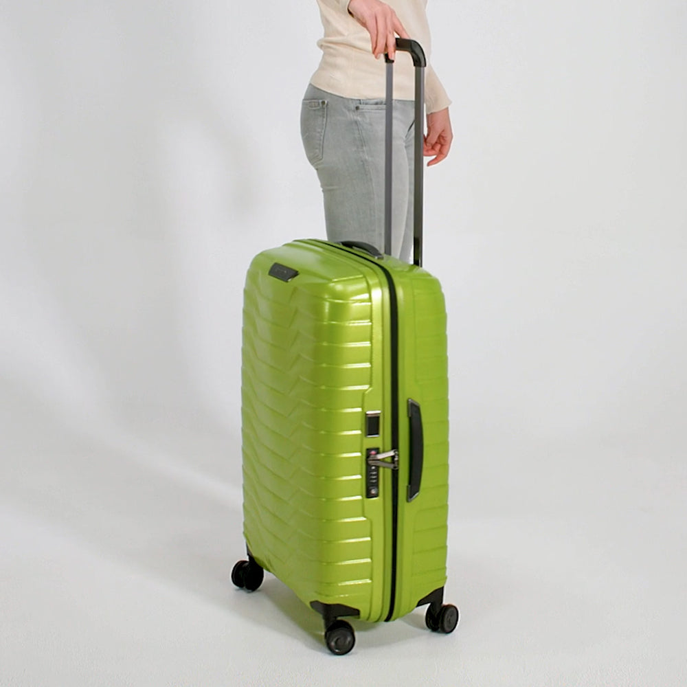 75cm Samsonite Proxis spinner suitcase in sleek design with four wheels and durable exterior for easy travel.
