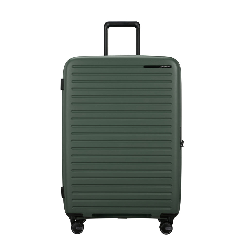 75cm Samsonite Restackd spinner suitcase in sage green with four wheels and a durable exterior.