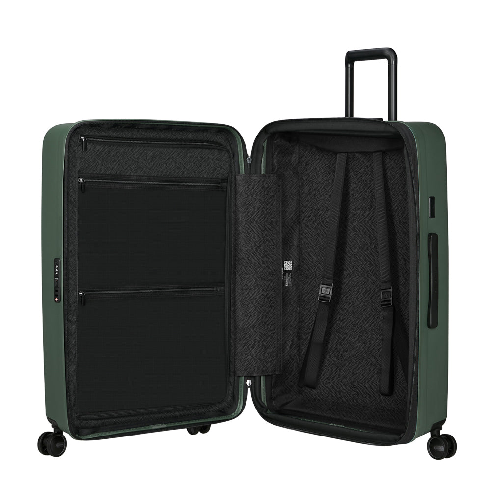 75cm Restackd Spinner Suitcase in sage green by Samsonite, featuring four wheels and a spacious interior for travel.