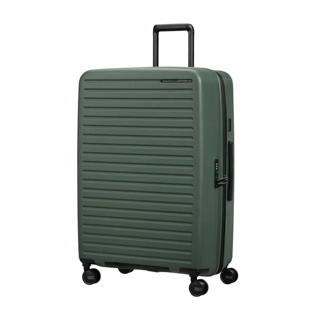 75cm Restackd Spinner Suitcase in sage green, featuring smooth wheels and a durable exterior for travel convenience.