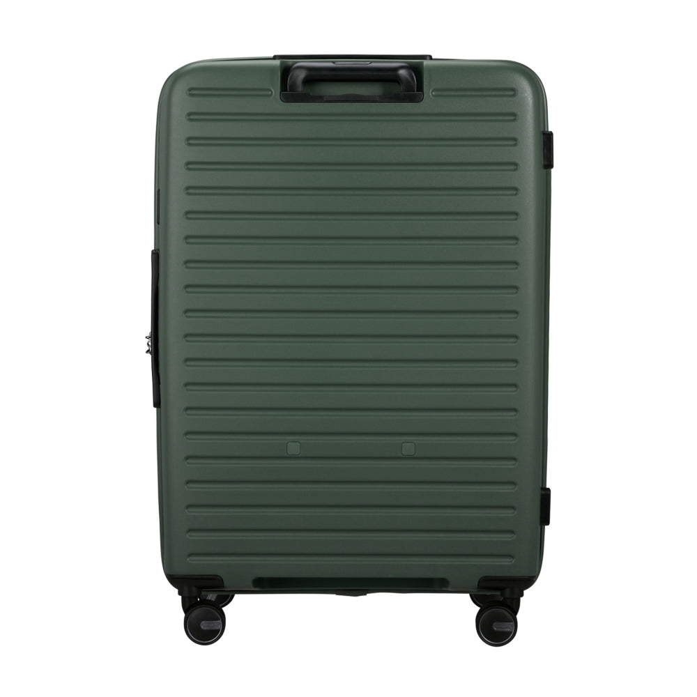 75cm Samsonite Restackd spinner suitcase in sage green with smooth wheels and spacious interior for check-in luggage.