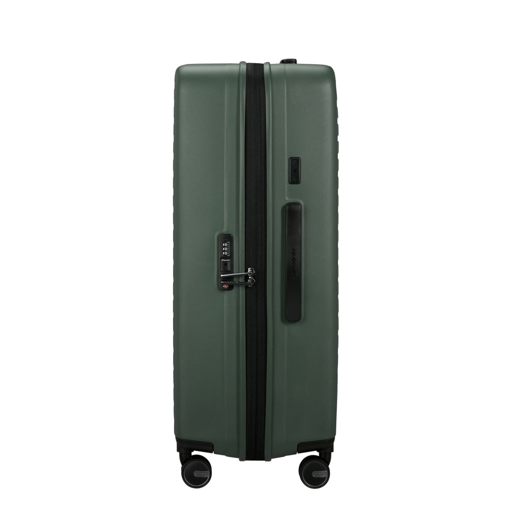 75cm Restackd Spinner Suitcase by Samsonite in sage green, showcasing smooth wheels and spacious interior for travel.