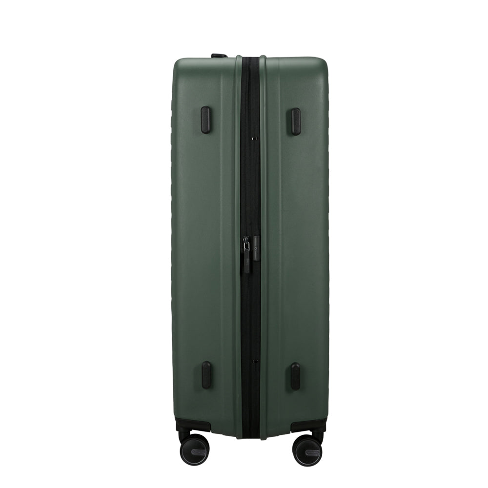 75cm Samsonite Restackd spinner suitcase in sage green, featuring a sleek design and durable wheels for easy travel.