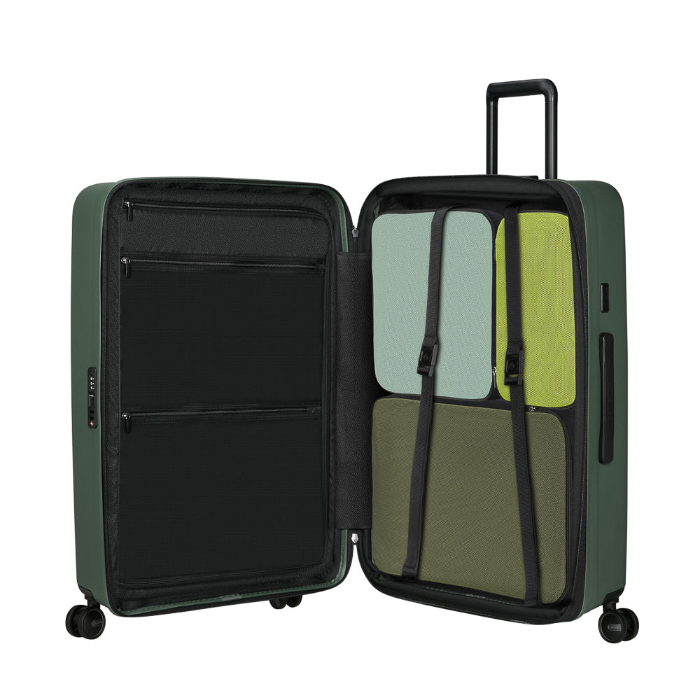 75cm Restackd Spinner Suitcase by Samsonite in sage green, featuring four wheels and a sturdy handle for easy travel.