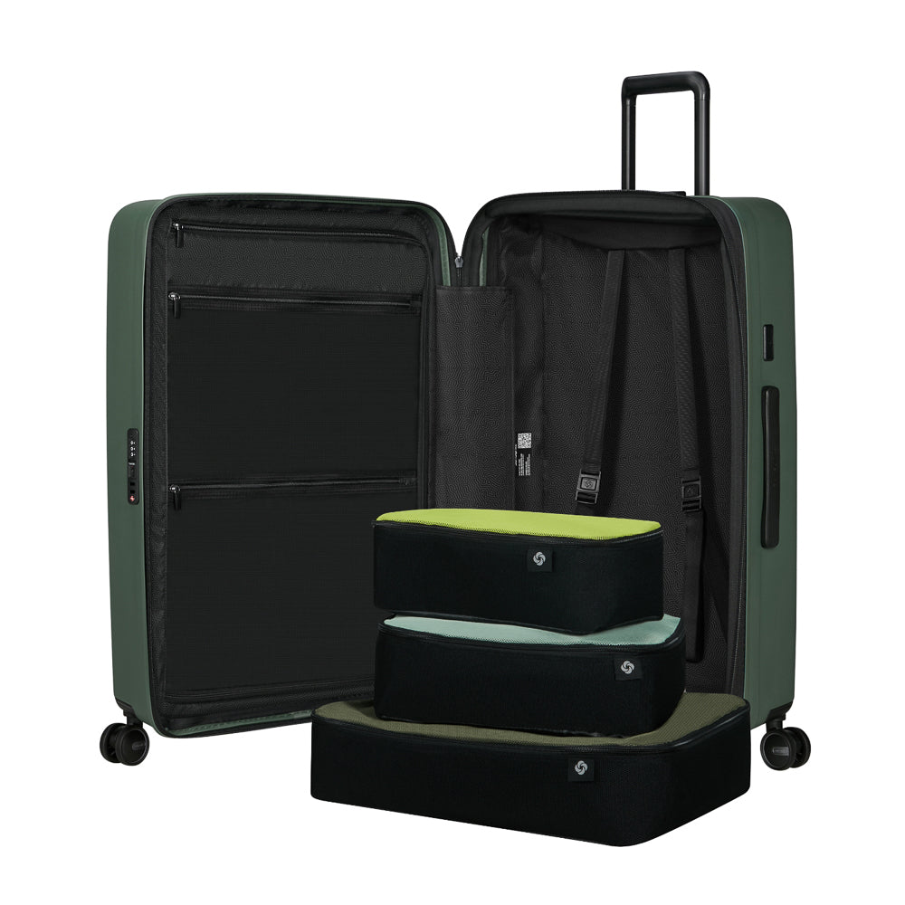 75cm Restackd Spinner Suitcase by Samsonite in sage green, featuring four wheels and a spacious interior for travel.