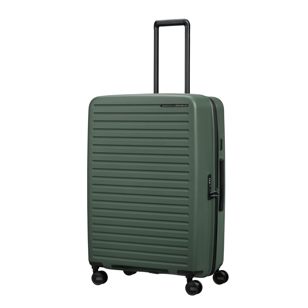 75cm Restackd spinner suitcase by Samsonite in sage green, featuring smooth wheels and a spacious interior.