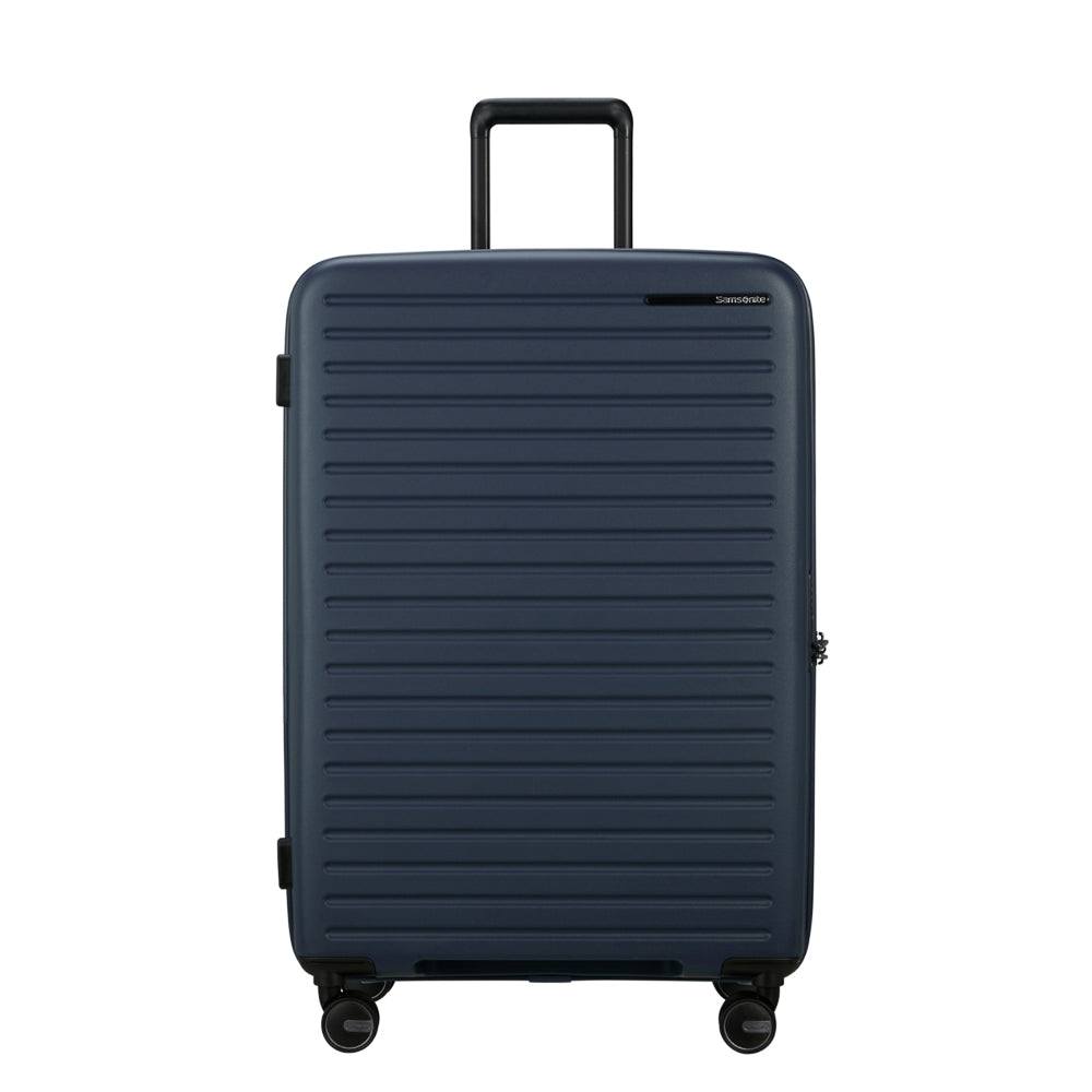 75cm Restackd Spinner Suitcase by Samsonite in midnight blue, featuring wheels and a sleek design for travel convenience.