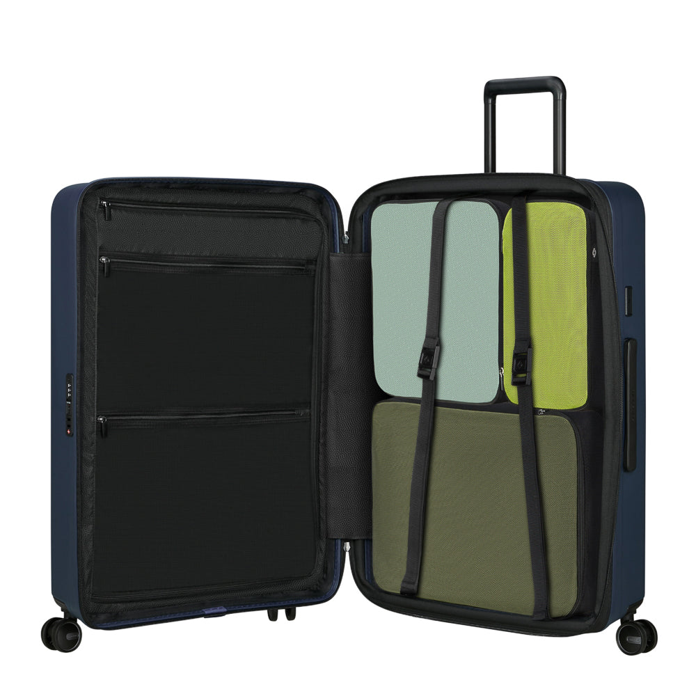 75cm Restackd Spinner Suitcase by Samsonite in midnight blue, showcasing a sleek design and durable exterior.