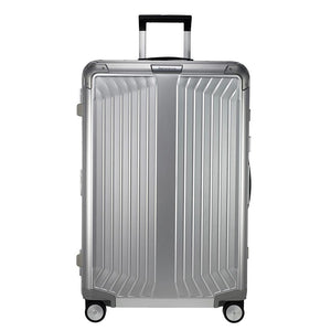 Samsonite Lite-Box 76cm spinner suitcase in aluminum finish, showcasing a sleek design and durable exterior.