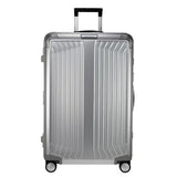 Samsonite Lite-Box 76cm spinner suitcase in aluminum finish, showcasing a sleek design and durable exterior.