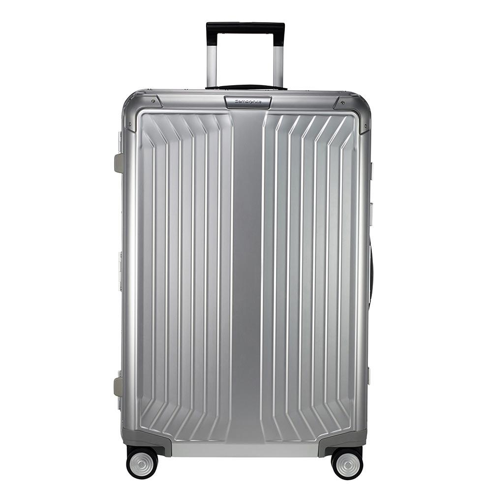 Samsonite Lite-Box 76cm spinner suitcase in aluminum finish, showcasing a sleek design and durable exterior.