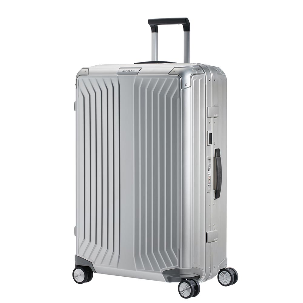 Samsonite Lite-Box 76cm spinner suitcase in aluminium, showcasing sleek design and durable exterior for travel.