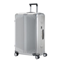 Samsonite Lite-Box 76cm spinner suitcase in aluminium, showcasing sleek design and durable exterior for travel.