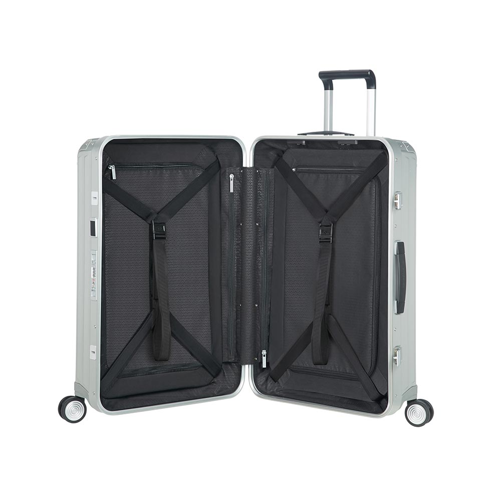 Samsonite Lite-Box Aluminium 76cm spinner suitcase in a sleek design, showcasing its durable exterior and spacious interior.