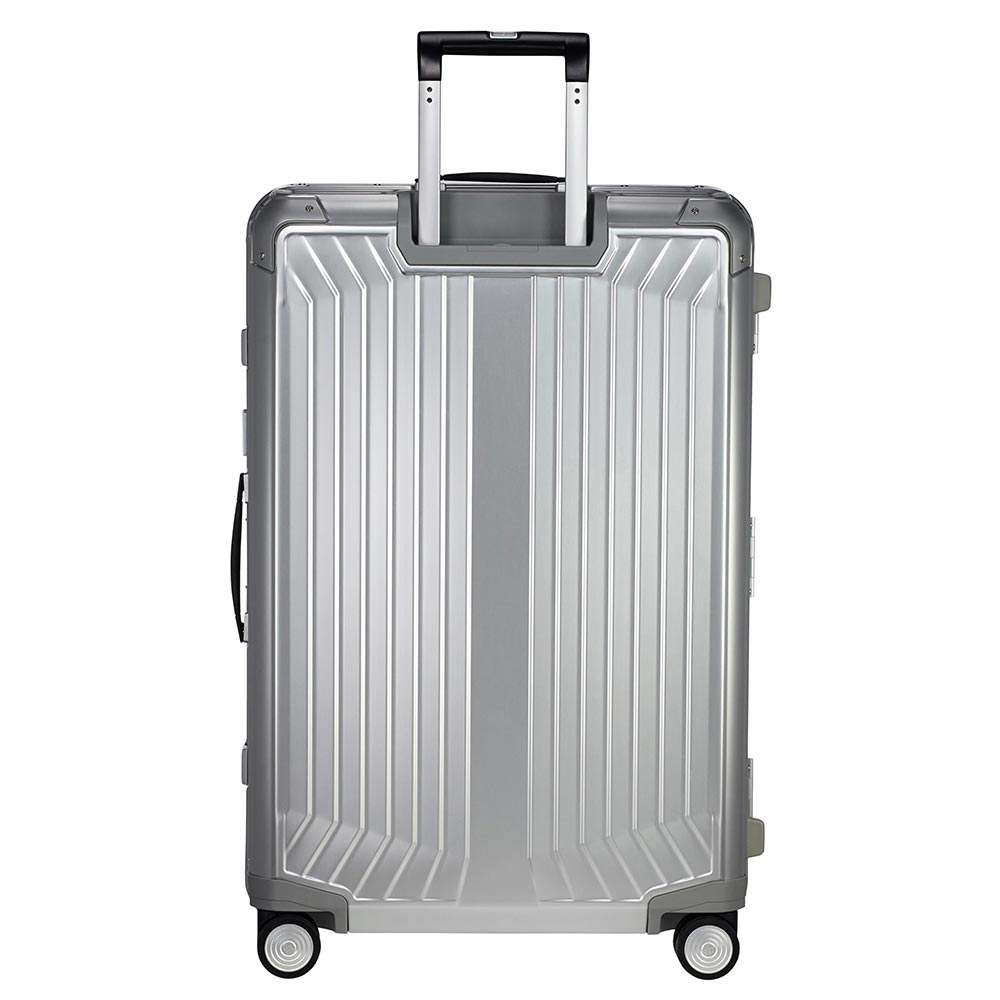Samsonite Lite-Box 76cm spinner suitcase in durable aluminum with a sleek design and smooth-rolling wheels.