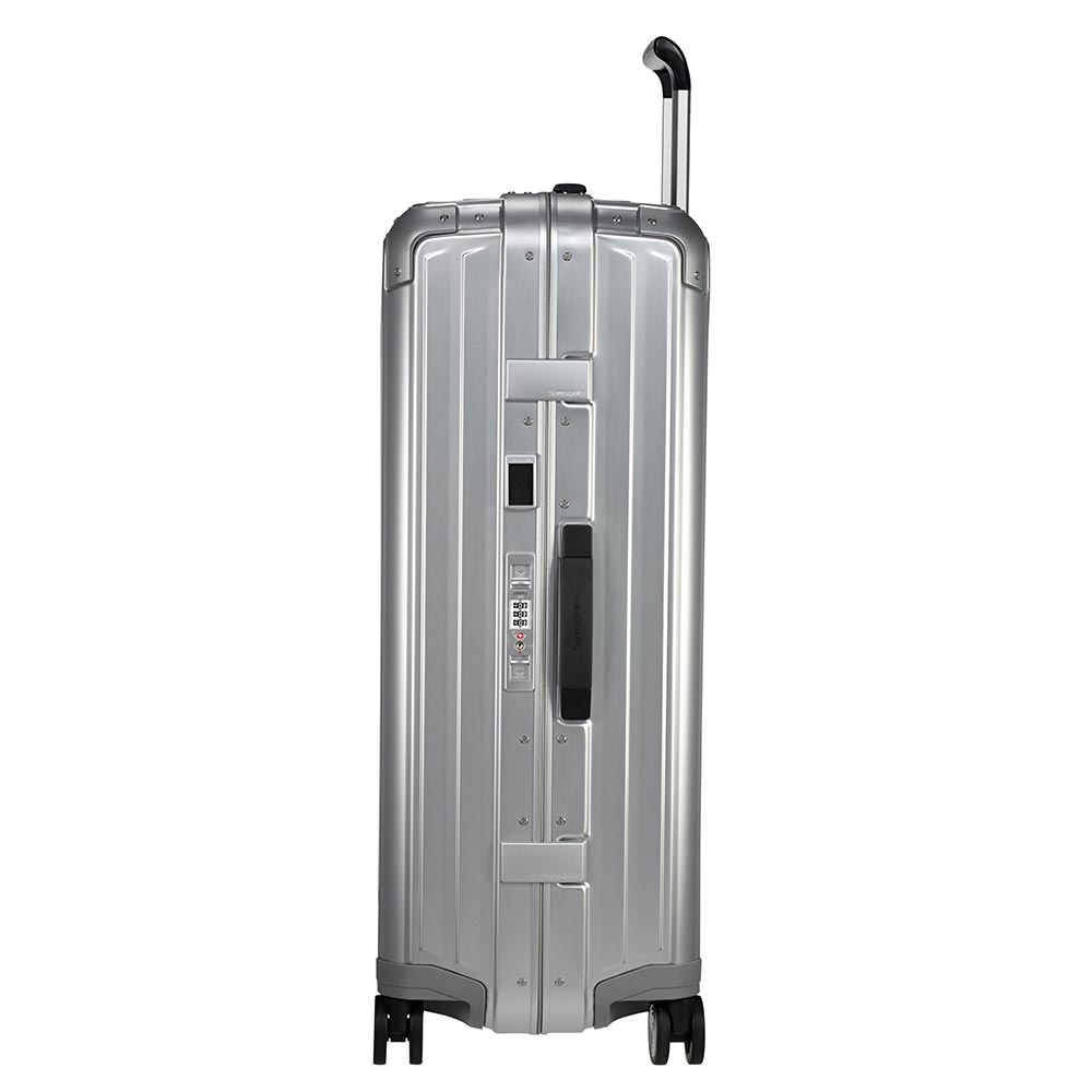 Samsonite Lite-Box Aluminium 76cm spinner suitcase with a sleek design and durable exterior, featuring smooth-rolling wheels.
