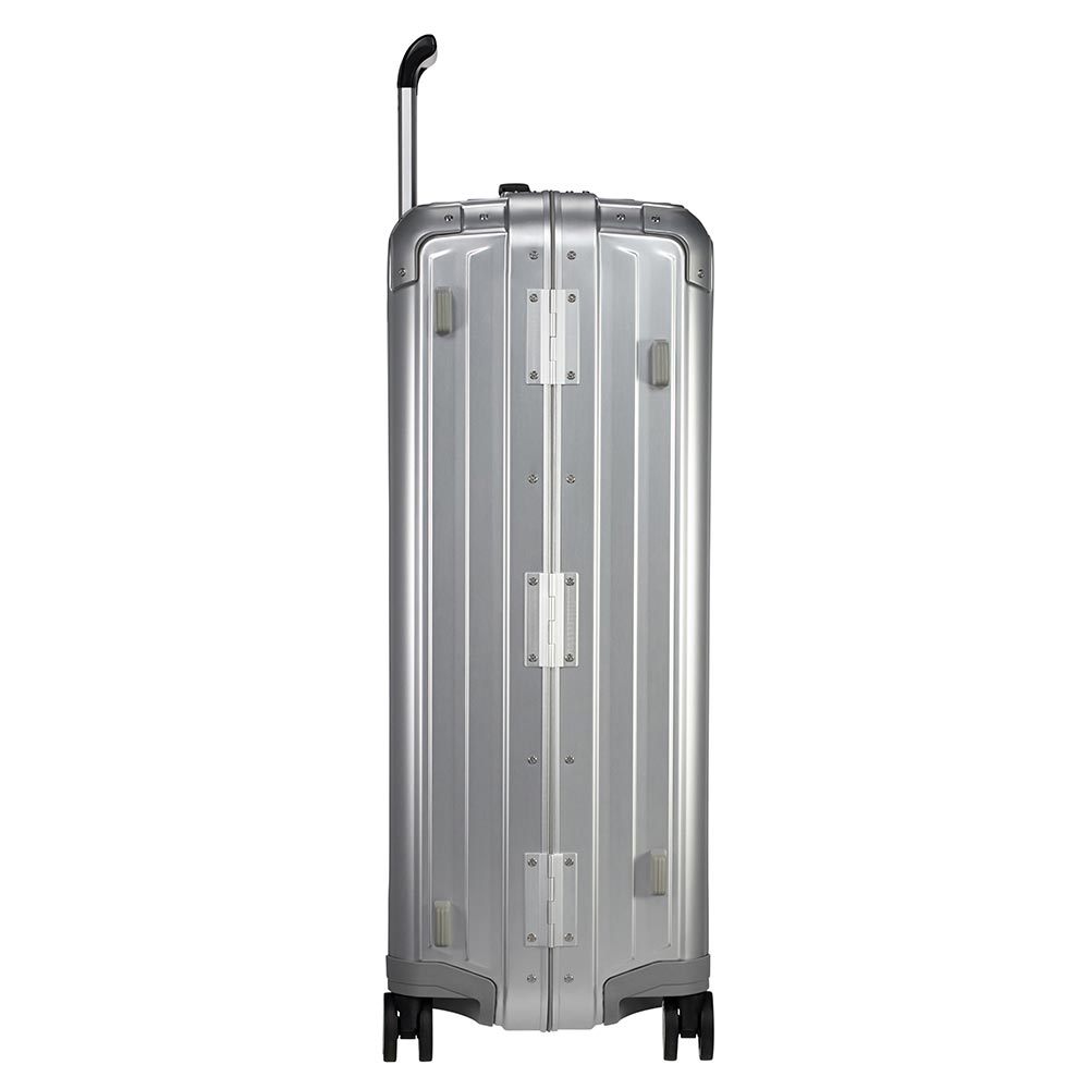 Samsonite Lite-Box Aluminium 76cm spinner suitcase in silver with smooth wheels and sturdy handle for easy travel.