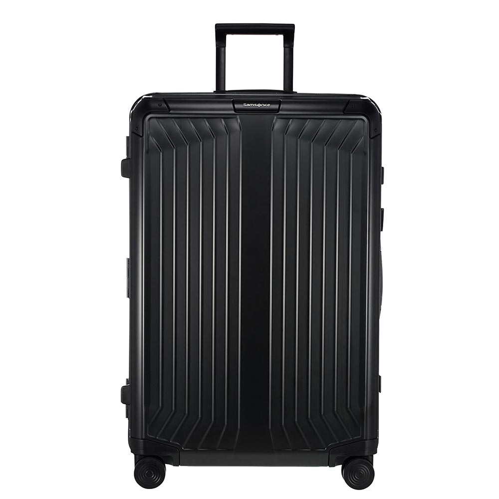 Samsonite Lite-Box Aluminium 76cm spinner suitcase in black, showcasing its sleek design and durable construction.