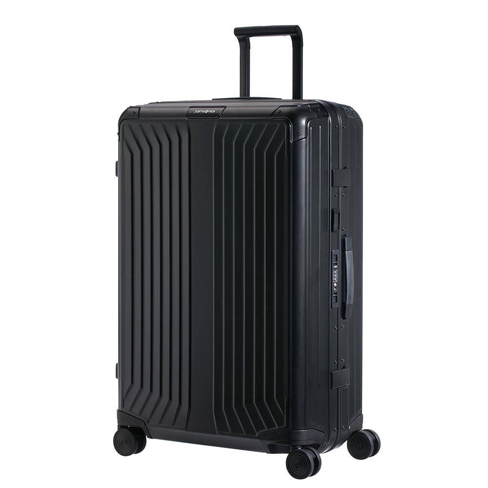 Black 76cm Samsonite Lite-Box Aluminium spinner suitcase with four wheels and sleek design.