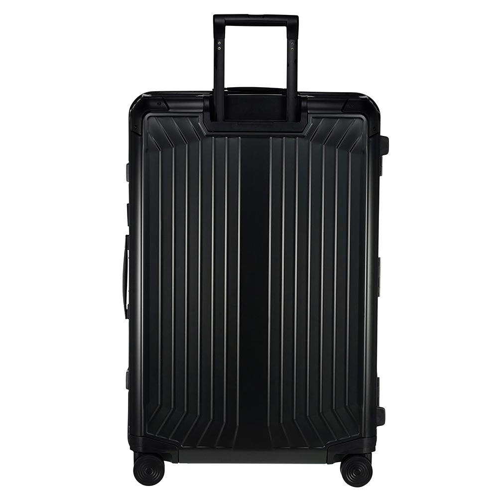 Black 76cm Samsonite Lite-Box Aluminium spinner suitcase with smooth wheels and sturdy handle for travel convenience.