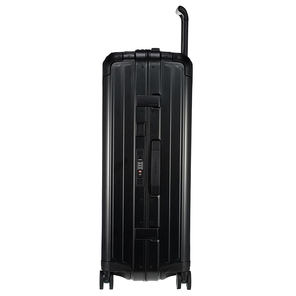 Samsonite Lite-Box Aluminium 76cm spinner suitcase in black, showcasing a sleek design and sturdy wheels for travel.