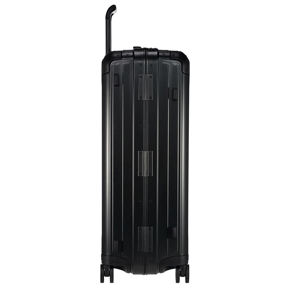 Black 76cm Samsonite Lite-Box Aluminium spinner suitcase with smooth wheels and sturdy handle for easy travel.