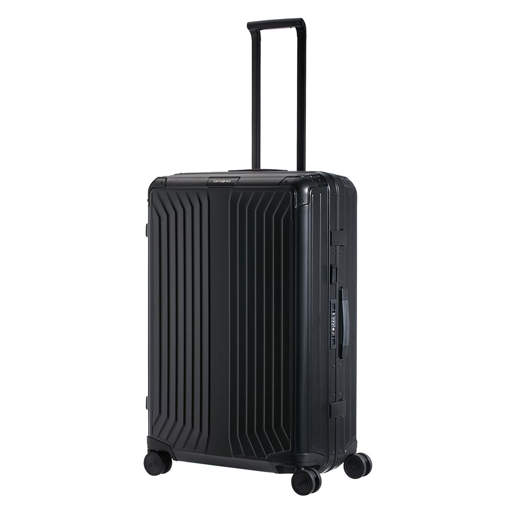 Samsonite Lite-Box Aluminium 76cm spinner suitcase in black, showcasing its sleek design and durable exterior.