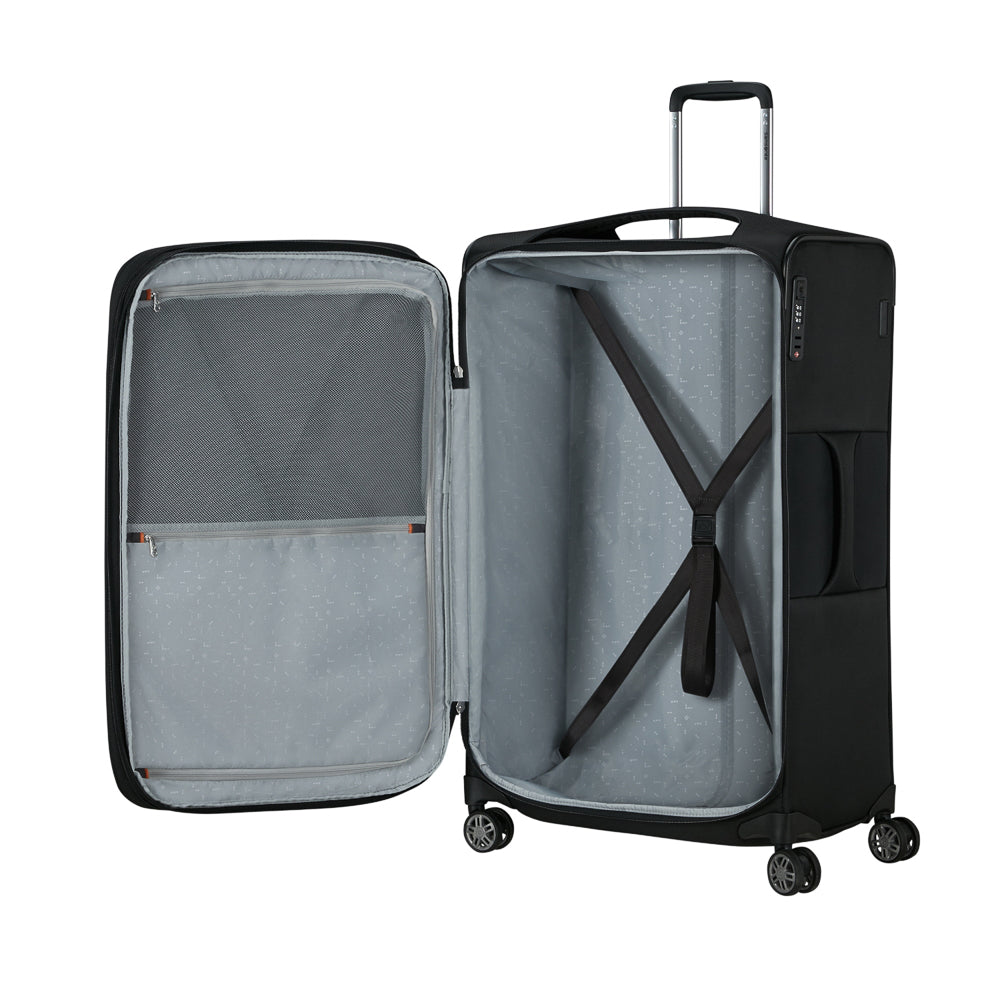 Black 78cm expandable spinner suitcase from Samsonite, featuring durable material and smooth-rolling wheels for easy travel.