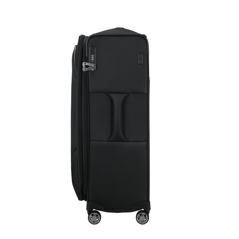 Black 78cm Samsonite Re-Lite expandable spinner suitcase with four wheels and a sleek design.