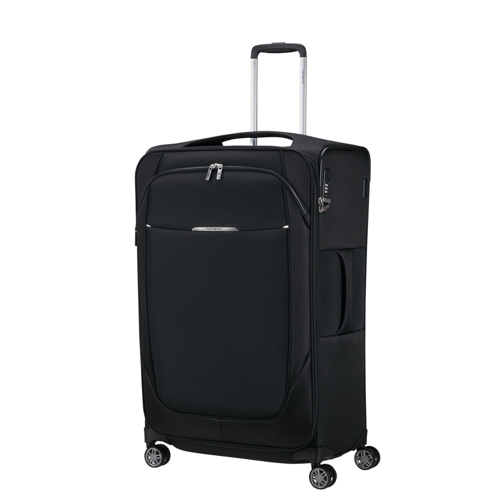 Black 78cm Samsonite Re-Lite expandable spinner suitcase with a durable exterior and smooth-rolling wheels.