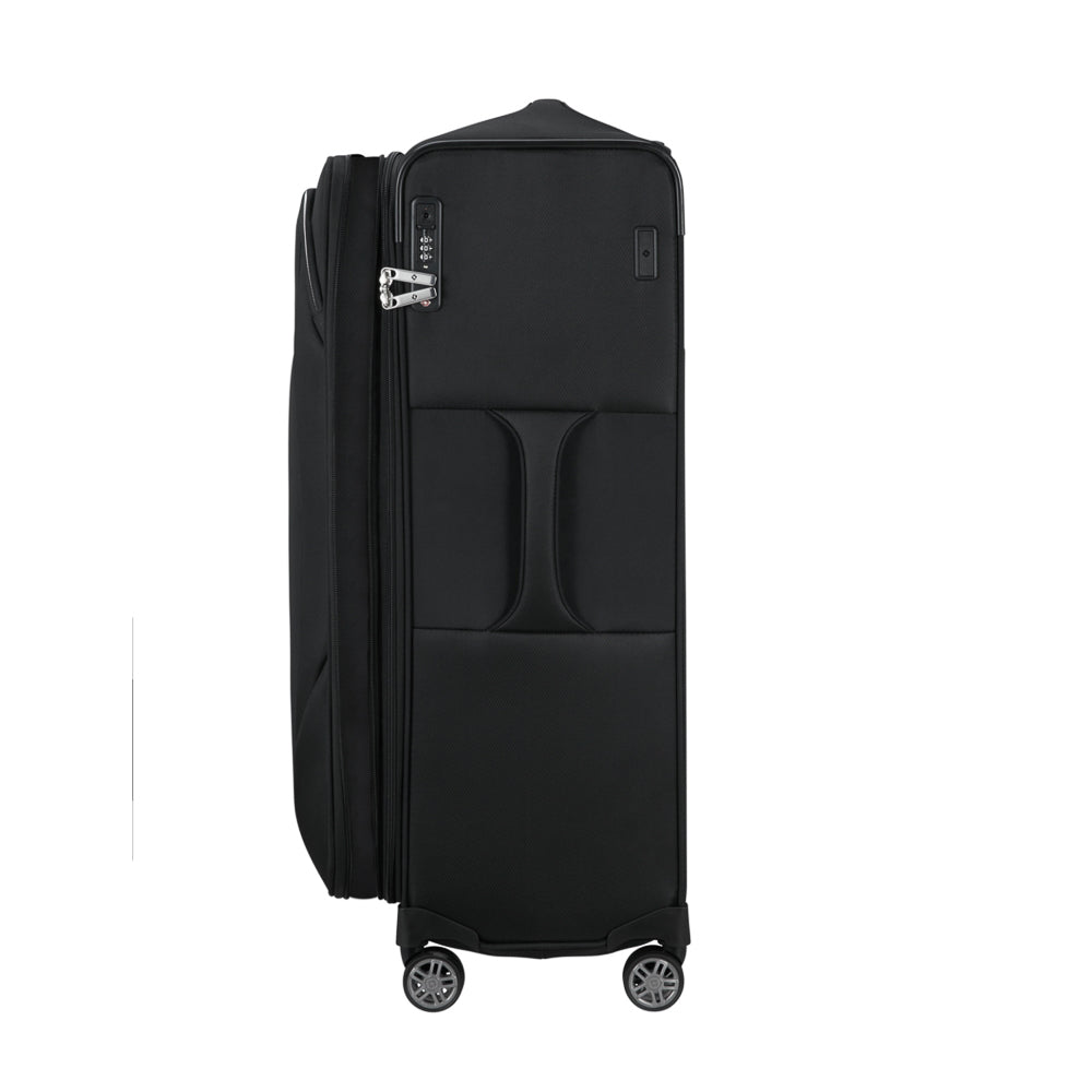 Black 78cm expandable spinner suitcase by Samsonite, showcasing smooth wheels and sturdy handles for easy travel.
