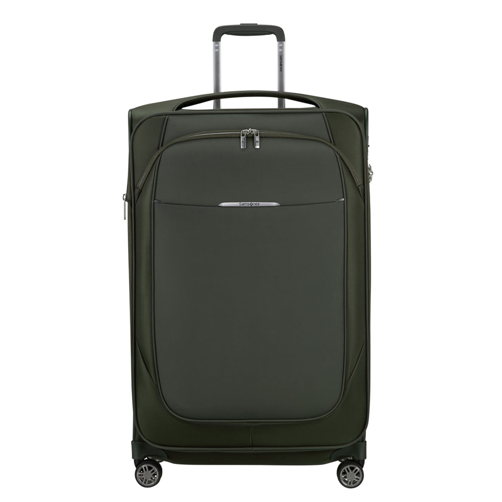 Green 78cm Samsonite Re-Lite expandable spinner suitcase with four wheels, zipped compartments, and sturdy handle.