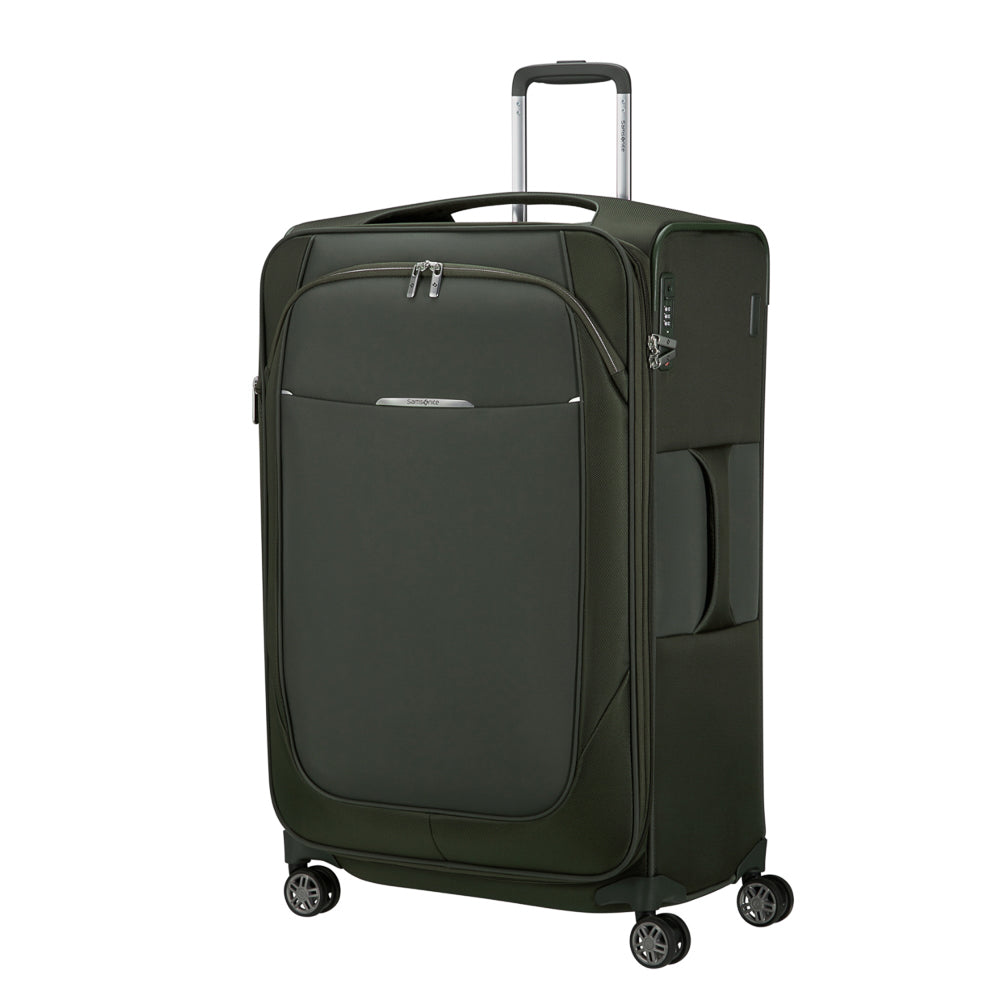 Green 78cm Samsonite Re-Lite expandable spinner suitcase with smooth wheels and sturdy handle for travel convenience.