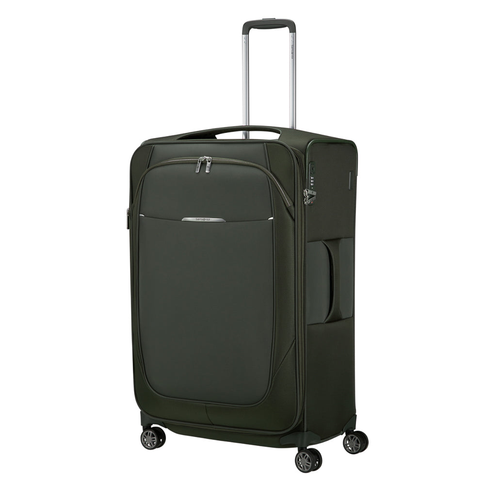 Green 78cm Samsonite Re-Lite expandable spinner suitcase with four wheels and a sturdy handle for easy travel.
