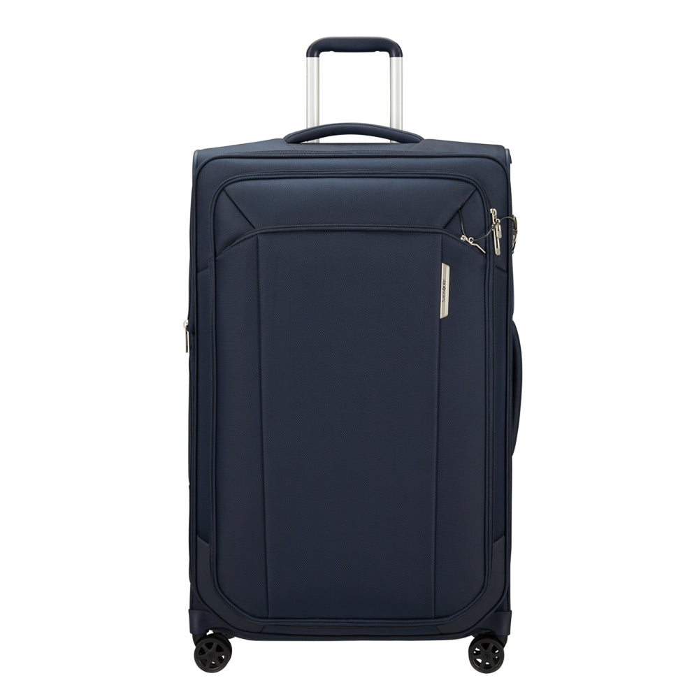 79cm midnight blue spinner suitcase by Samsonite, featuring four wheels and a sleek design for easy travel.