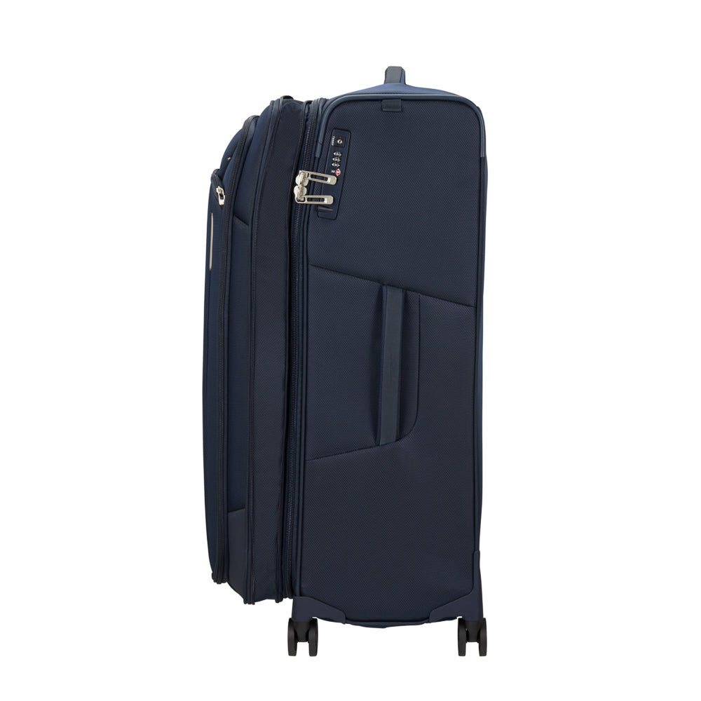 Midnight blue 79cm Spinner Suitcase by Samsonite Luggage, featuring durable wheels and a spacious interior for travel.